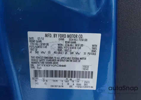 2012 Ford F-150 Stx из США, поврежденный, VIN 1FTFX1EF1CFC39440